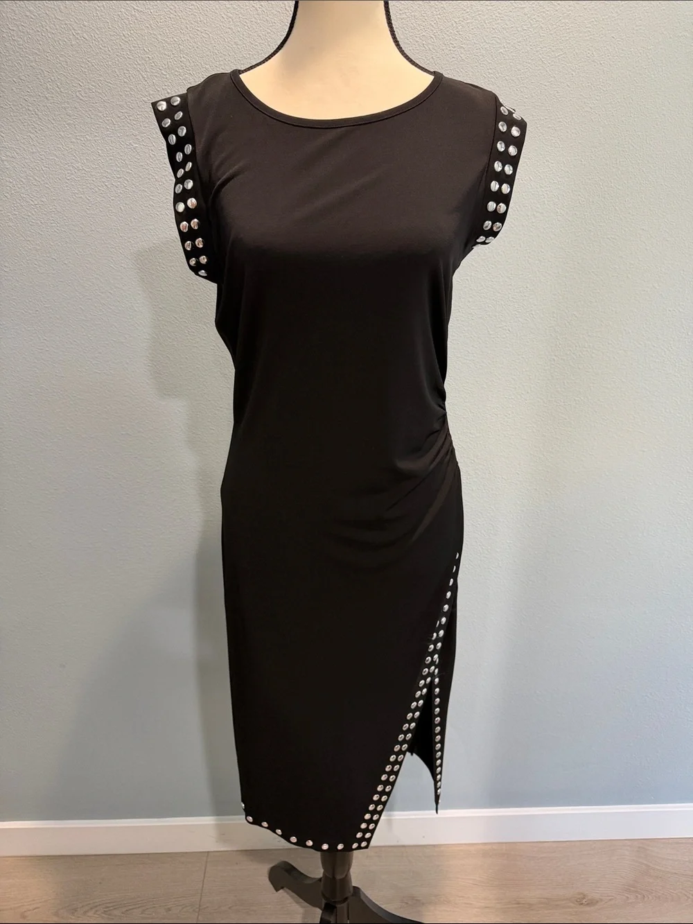Michael Kors Black Midi Dress with Silver Stud Accents